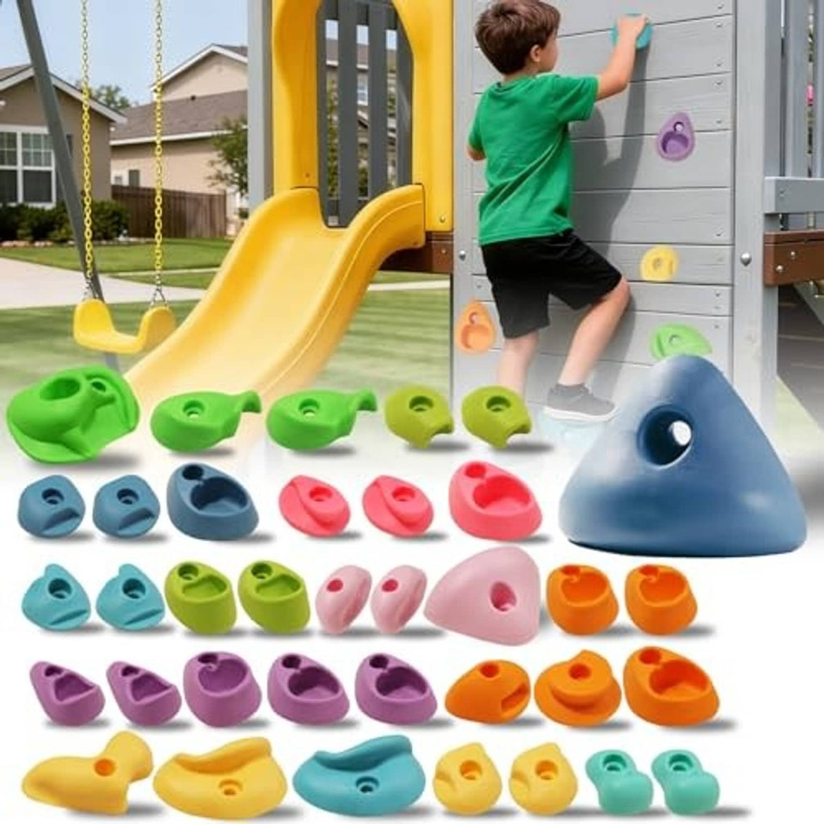 Kids rock climbing wall grip set of 36 plastic holds, assorted colors on board
