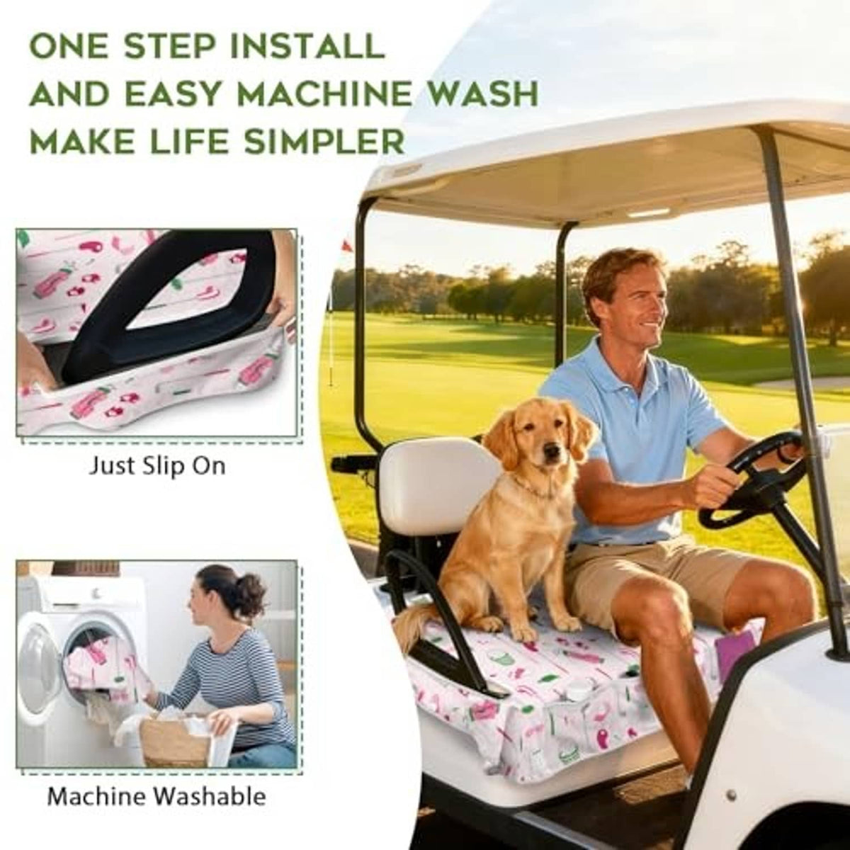 Golf cart seat cover with colorful golf icon print, fitted on front bench