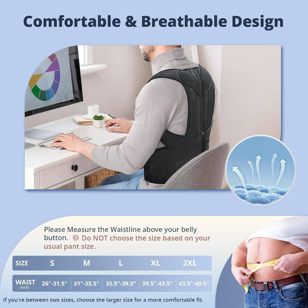 Breathable posture corrector brace with mesh back and padded shoulder support, black with blue panels