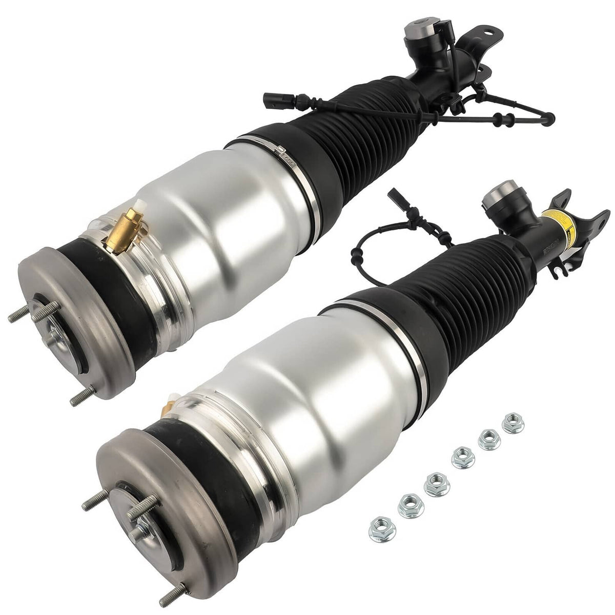 Front air suspension strut pair close-up, silver cylinders with black ribbed bellows and mounts