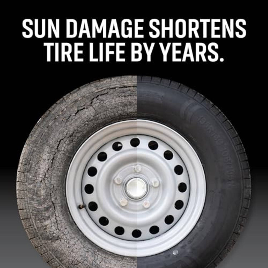 Tire close-up with cracked tread, illustrating sun damage protection