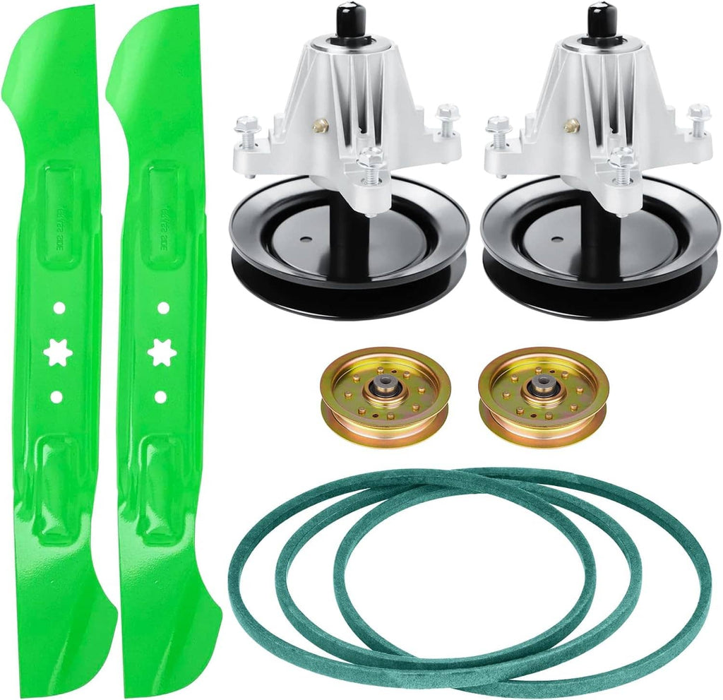 Deck rebuild kit set with blades, spindles, idler pulleys, and looped deck belt