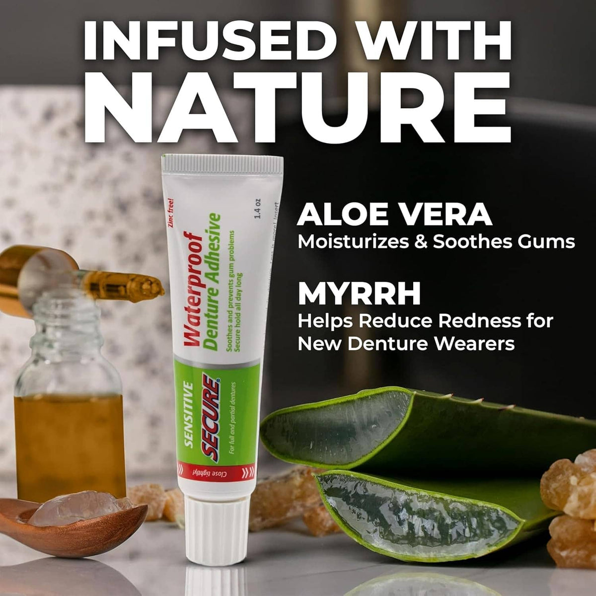 Waterproof denture adhesive tube with aloe vera and myrrh ingredient visuals