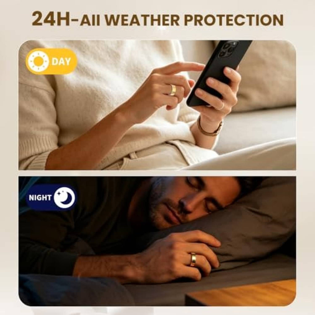 Smart ring with transparent protector film shown in daily wear and nighttime use