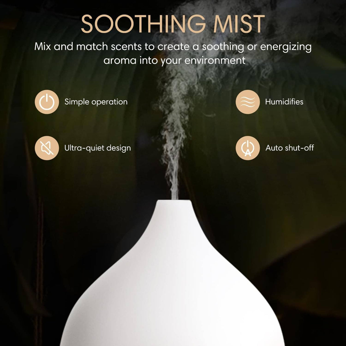 Essential oil diffuser with white cap and wood-grain base, mist vapor rising