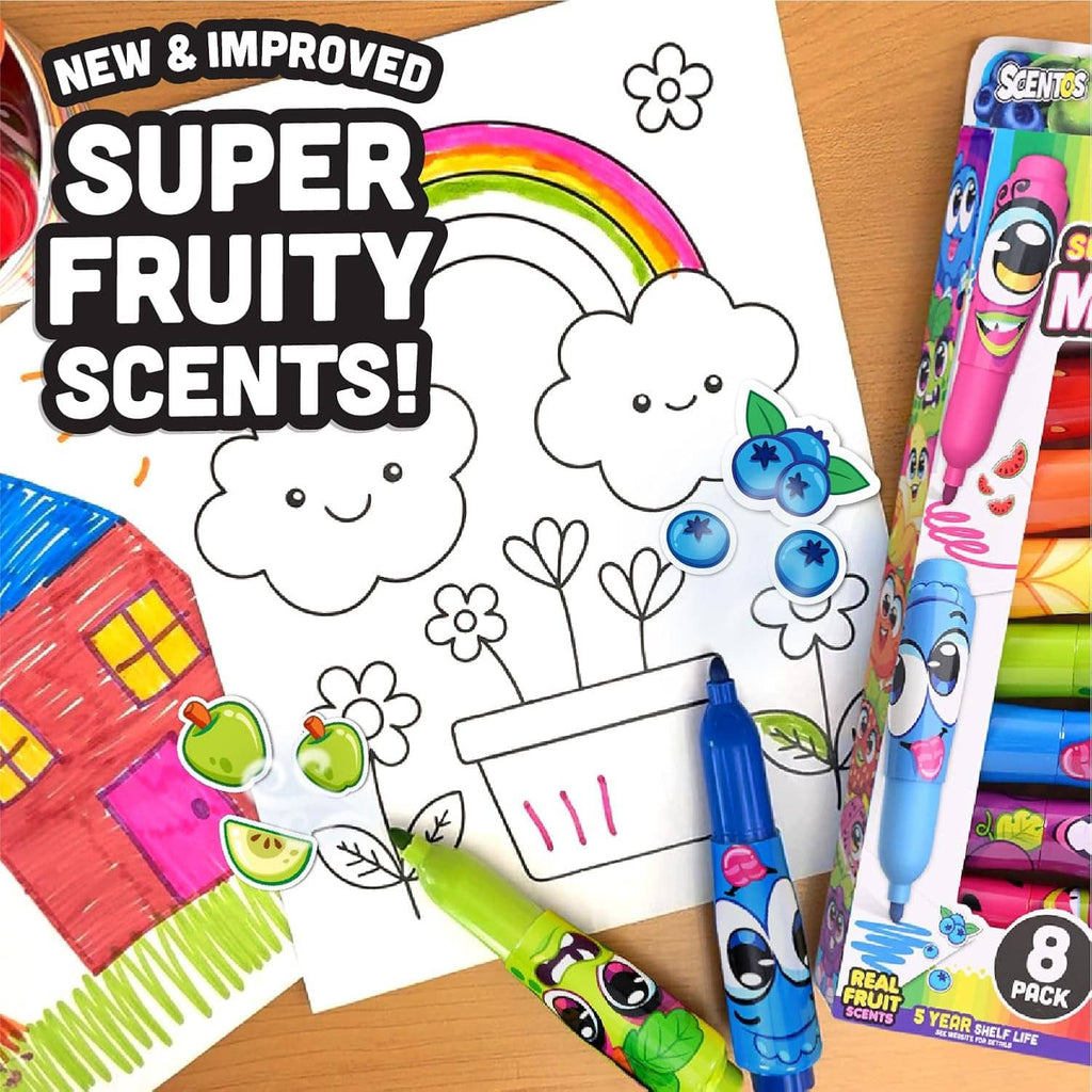 Fruit-scented jumbo marker set packaging with colorful markers and fruit-themed graphics