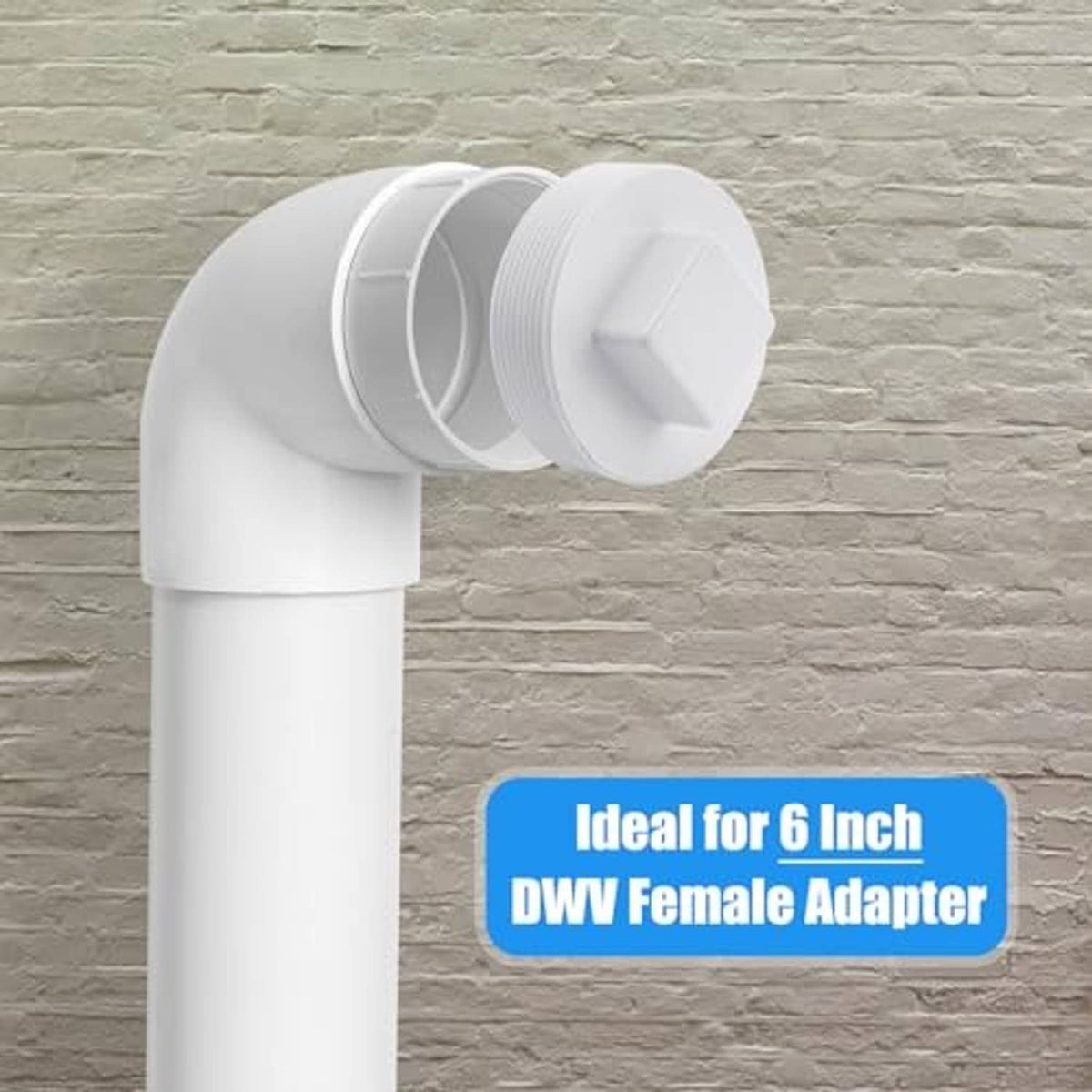 White PVC sewer cleanout plug on elbow pipe joint, flush square top and ridged rim
