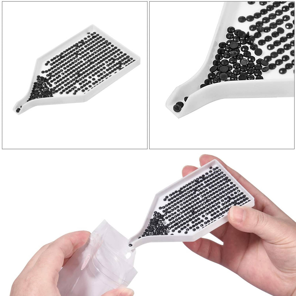 White bead storage pouch with handle, holding black beads; close-up detail view.