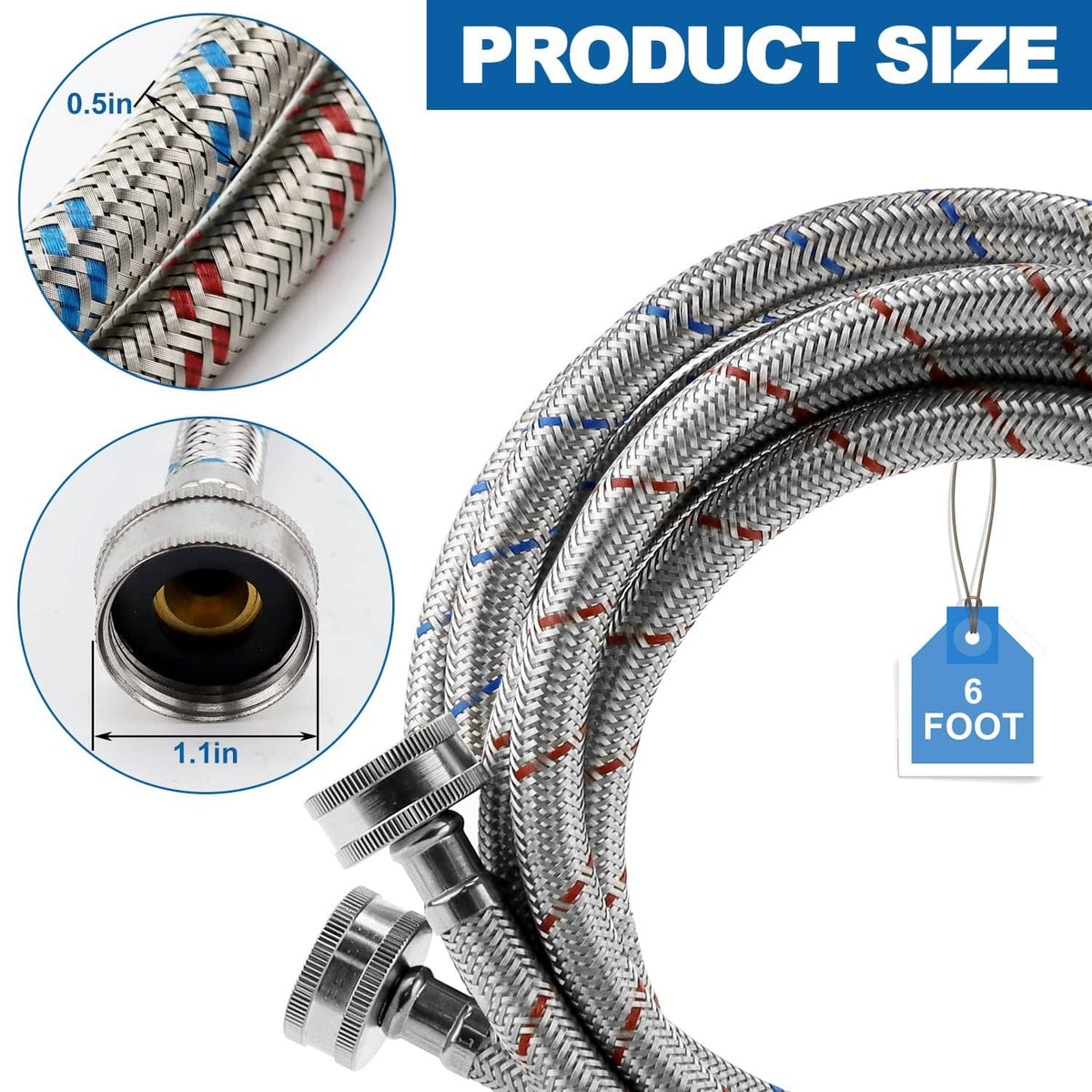 Braided stainless washing machine hoses set, 6 ft length, silver with straight threaded ends.