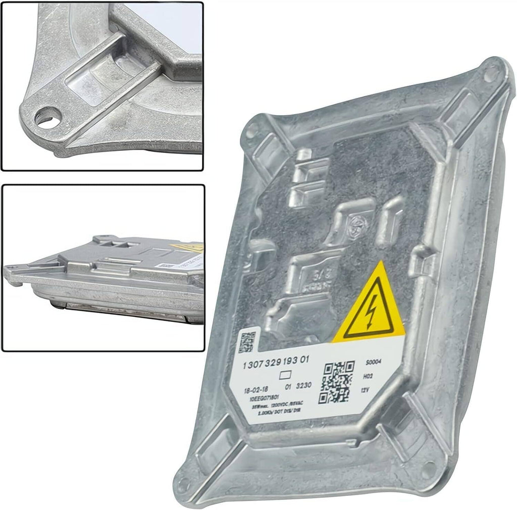 Silver HID ballast module back with electrical warning triangle and QR code label