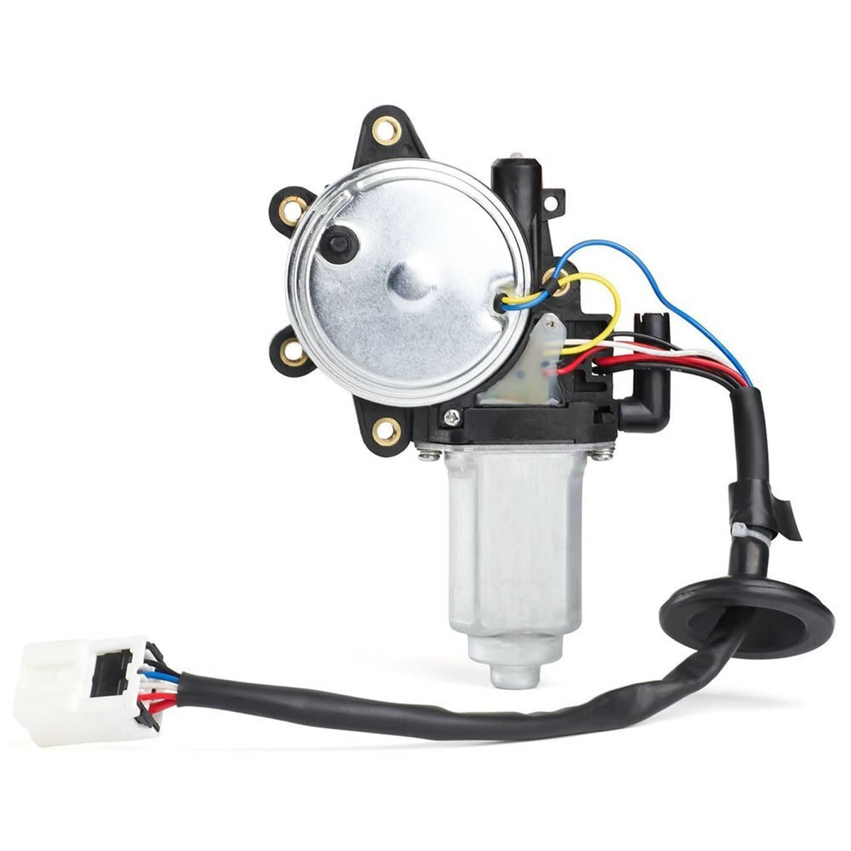 Pair of front window lift motors with metal housings, wiring and black cable harness