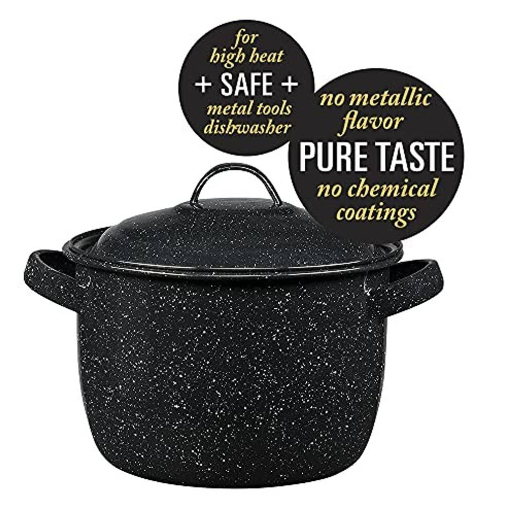Speckled black enamel stock pot with lid and loop handle