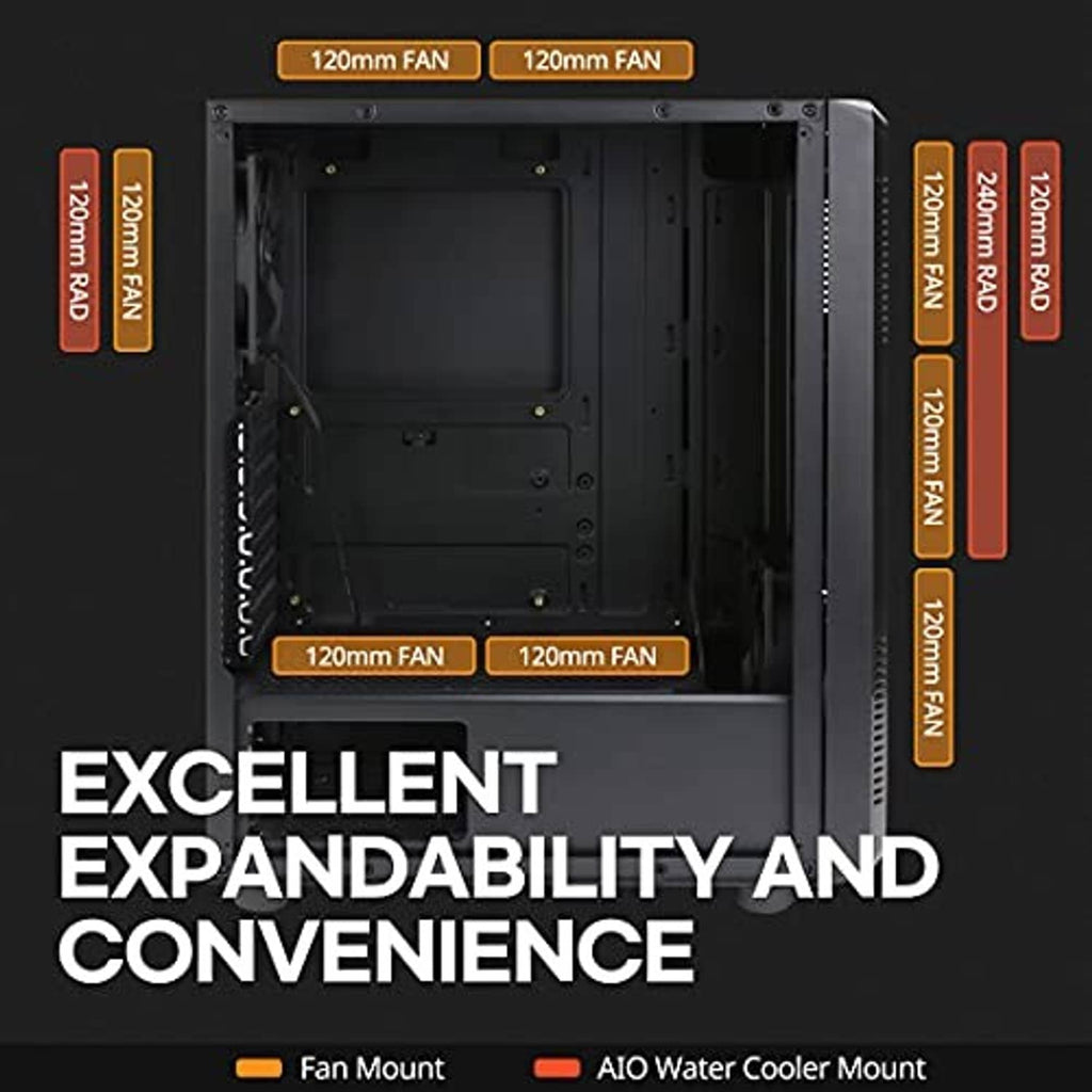 Open black PC case interior with multiple 120mm fan mount locations