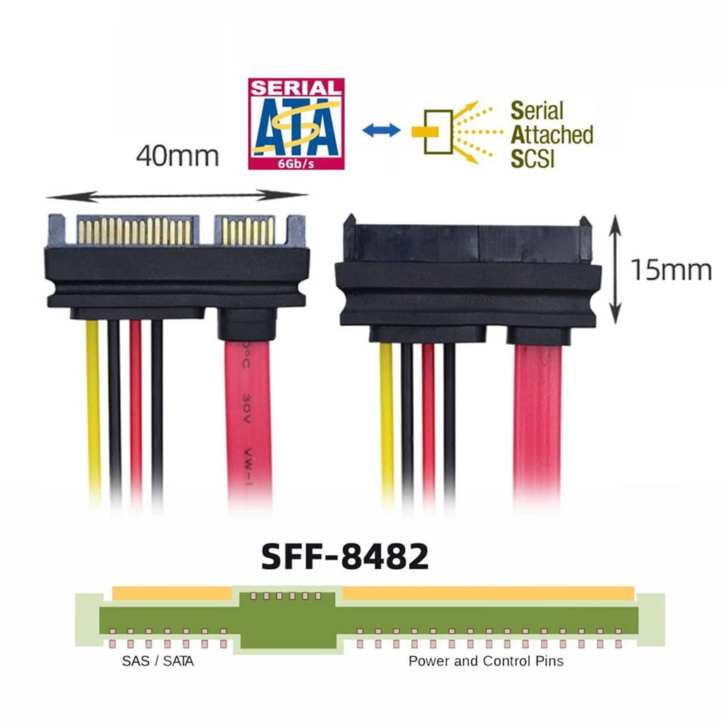 SFF-8482 SAS to SATA cable with two black connector housings and size notes