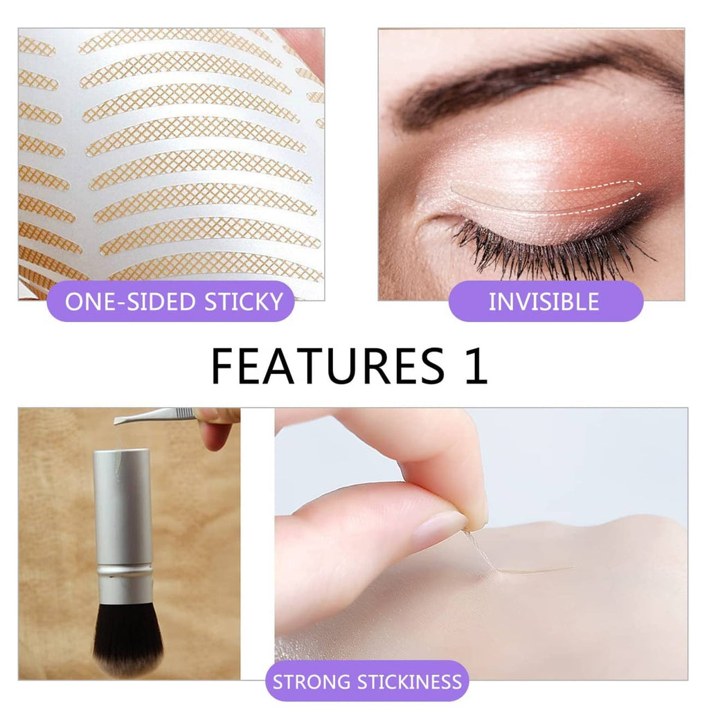 Invisible eyelid tape strips on eyelid and close-up showing adhesive one-sided stickiness