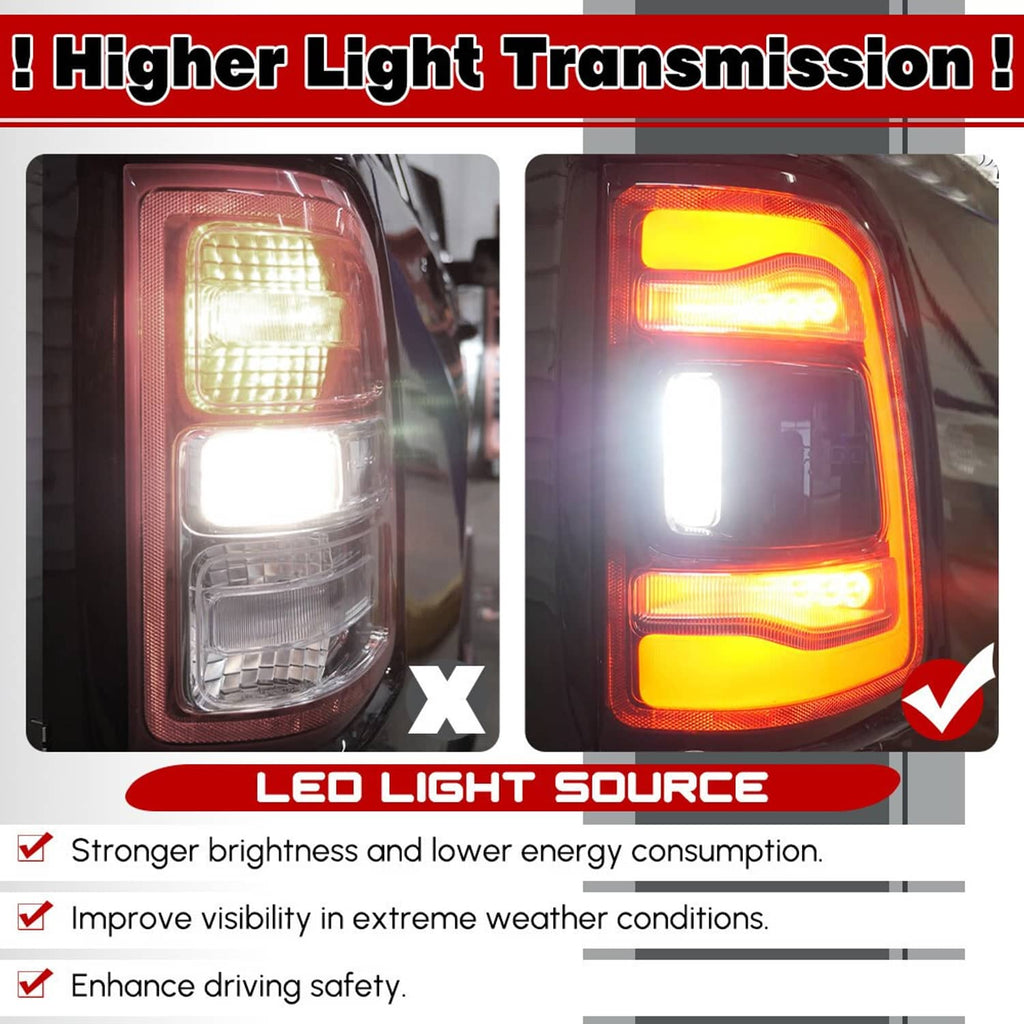 LED tail light showing bright white and amber illumination through clear lenses.