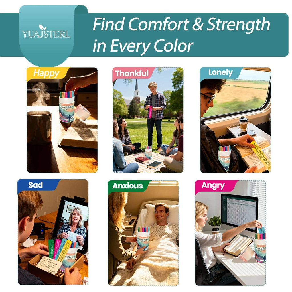 Color-coded scripture cards shown with people using them for reading