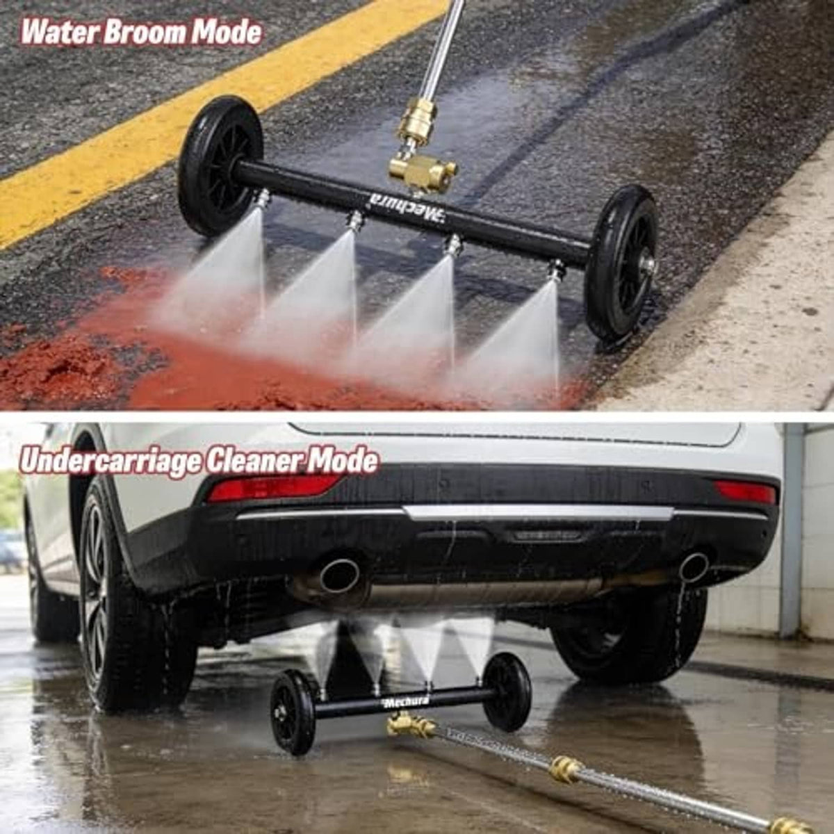 Undercarriage pressure washer attachment spraying water from wheeled cleaner bar