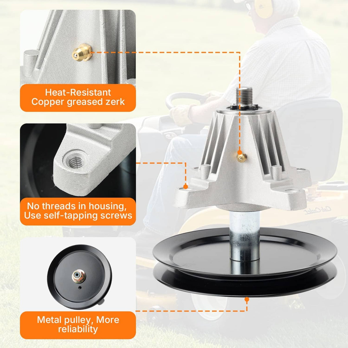 Spindle assembly with black pulley and silver housing, with mounting bolt details