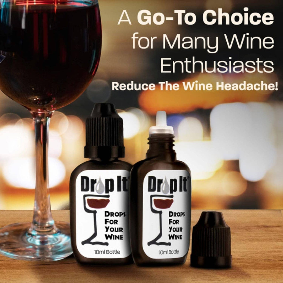 Drop It wine headache reducer drops, two 10ml bottles and a wine glass