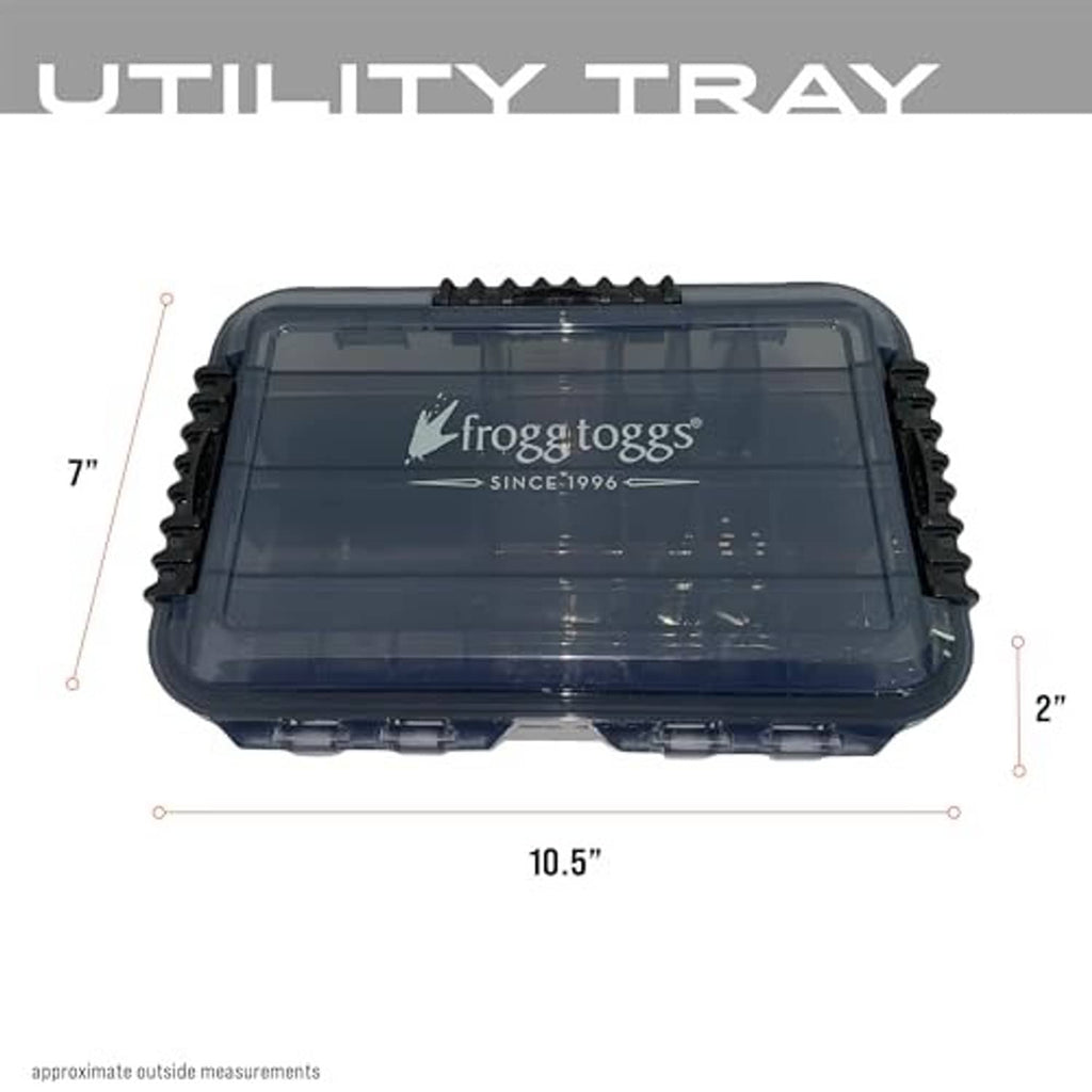 Clear-lidded waterproof tackle utility box with top latch and size markings