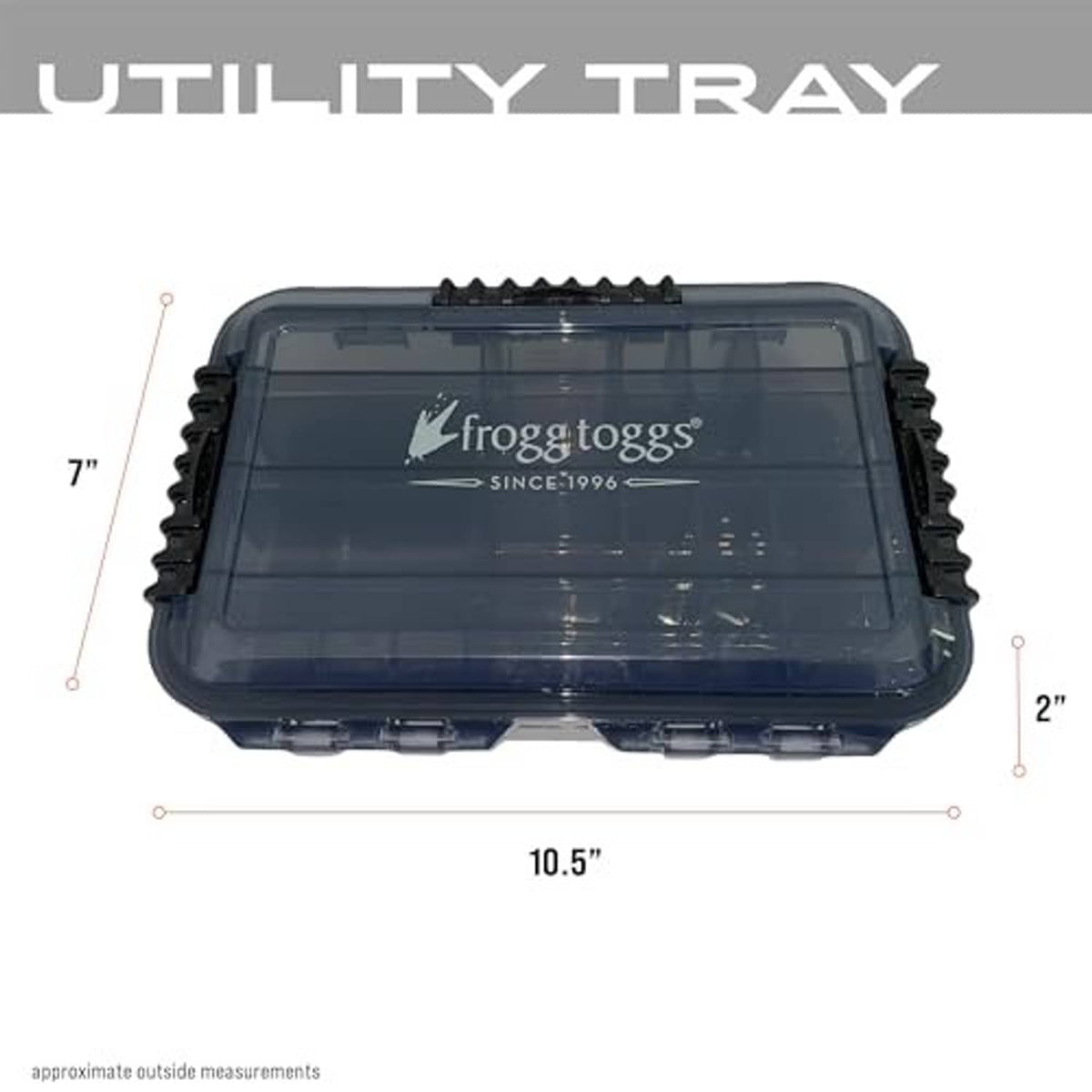 Clear-lidded waterproof tackle utility box with top latch and size markings