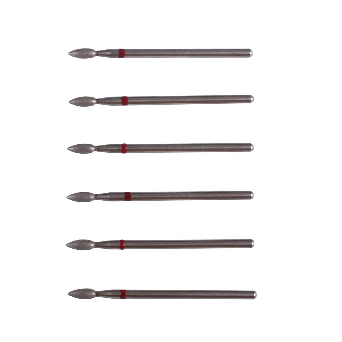 Flame-shaped nail drill bits with fine grit, gray diamond tips on metal shafts