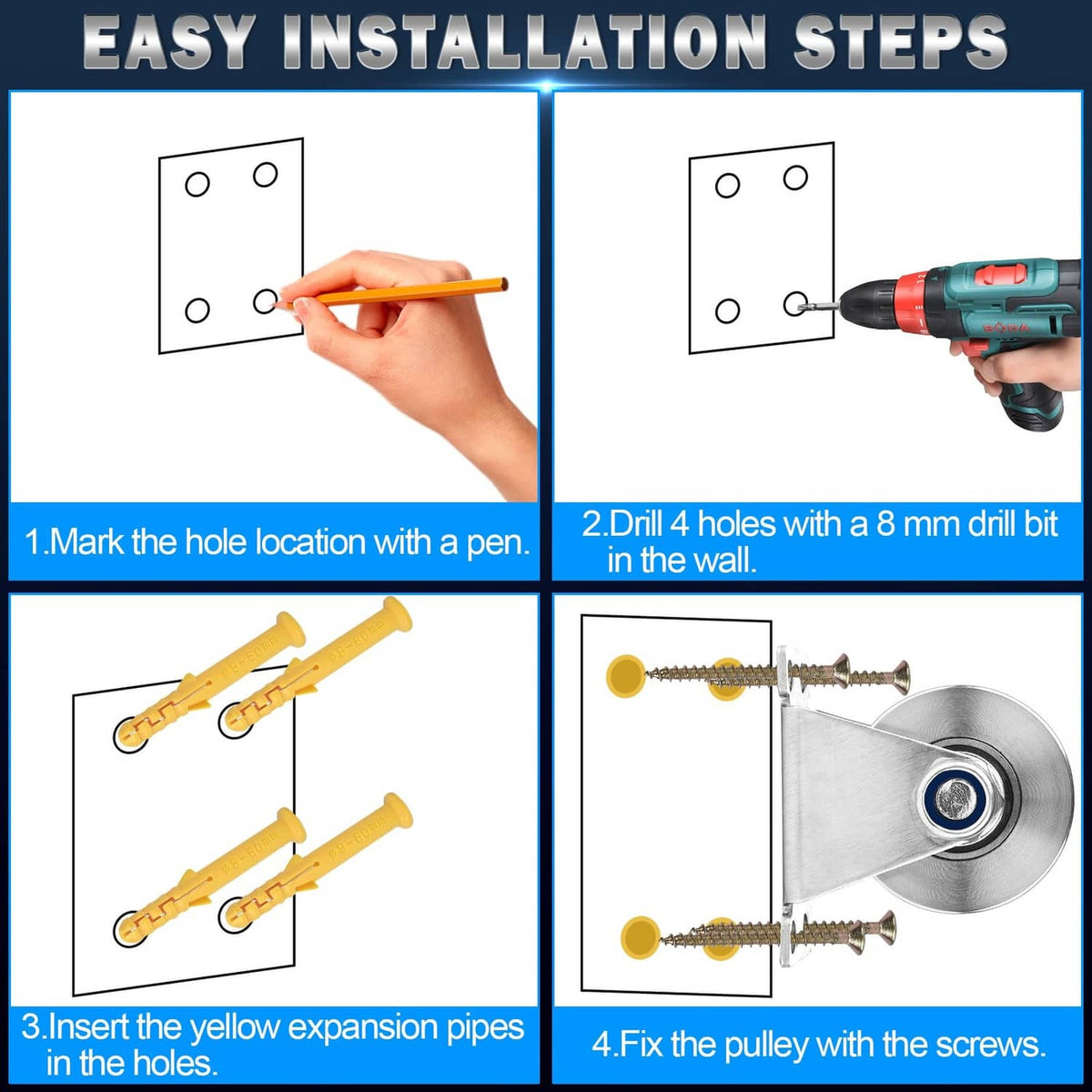 Wall-mount rope pulley wheel secured with screws, showing installation steps