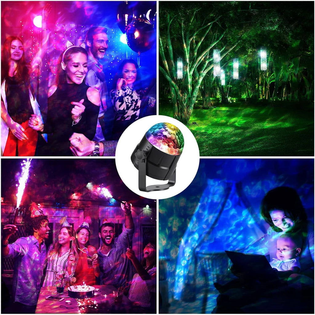 Three outdoor water light projectors shown with colorful night party lighting