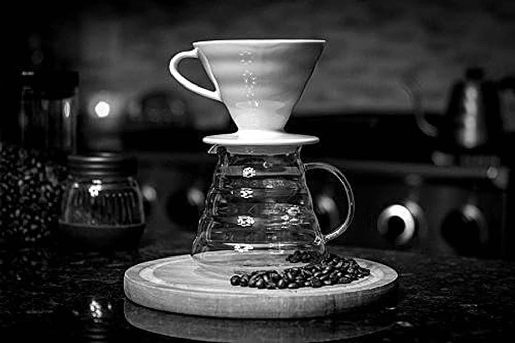 Glass coffee server carafe with pour-over dripper and stand