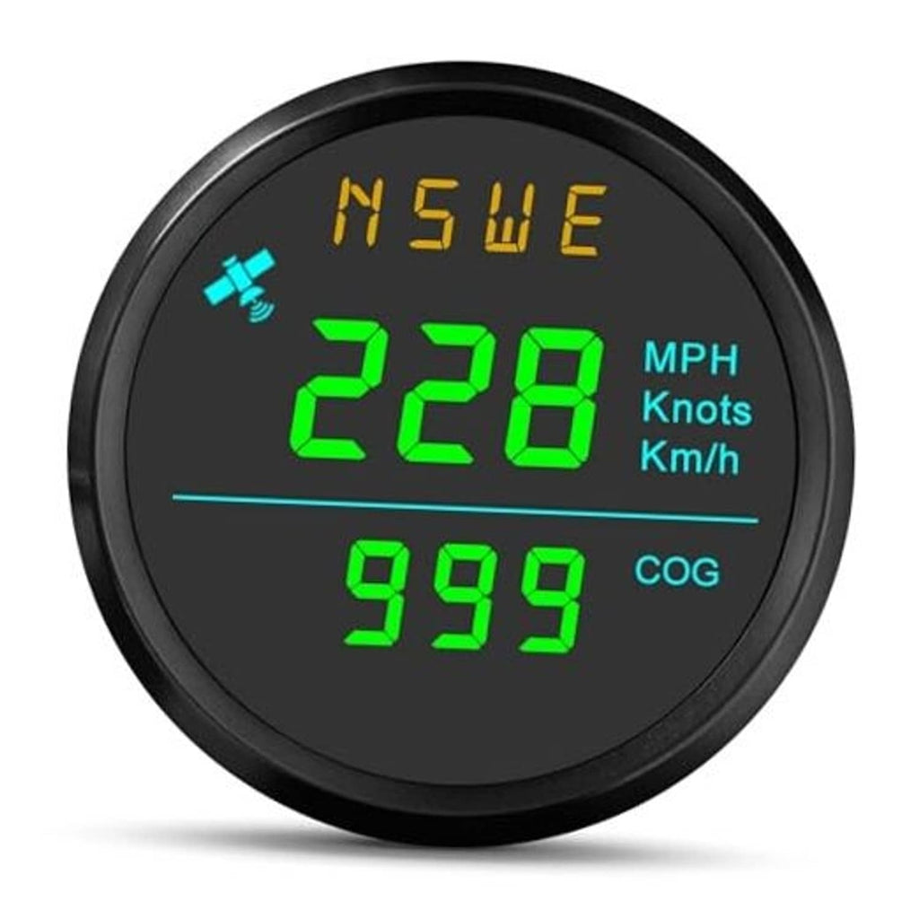 Round GPS speedometer gauge with green digital MPH, knots, km/h, and COG readout