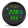 Round GPS speedometer gauge with green digital MPH, knots, km/h, and COG readout