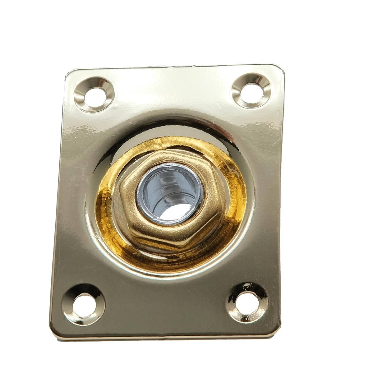 Close-up gold 1/4 jack input socket plate with 4 mounting holes and inner contact
