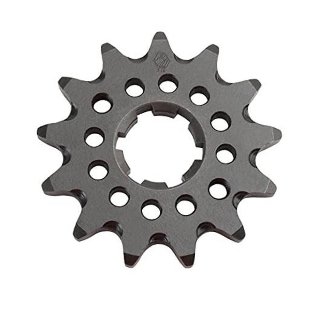 14-tooth front sprocket, dark gray steel disc with mounting holes and central bore