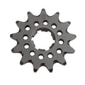 14-tooth front sprocket, dark gray steel disc with mounting holes and central bore