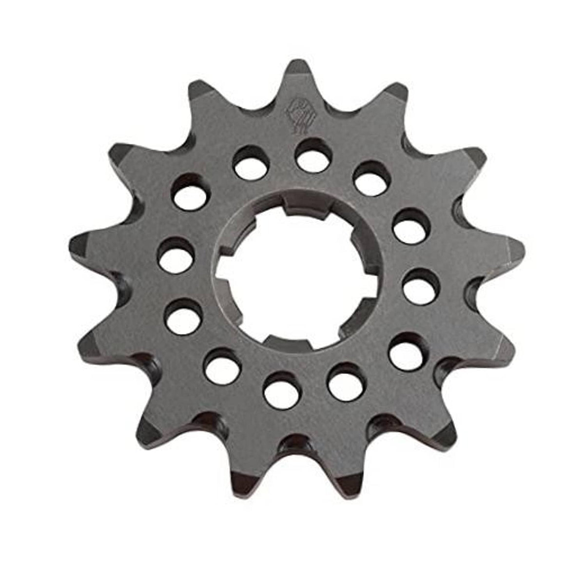 14-tooth front sprocket, dark gray steel disc with mounting holes and central bore