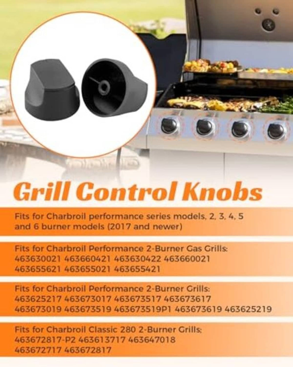 Black grill control knobs shown in close-up, one with indicator line and center hole