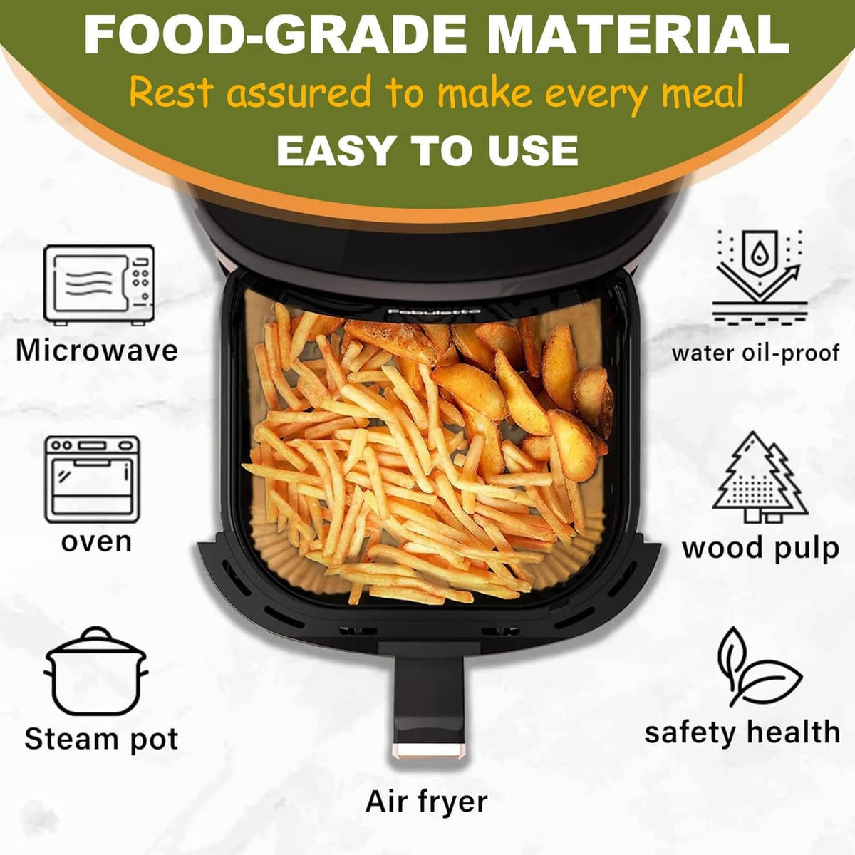 Square kraft paper air fryer liner fitted inside an air fryer basket