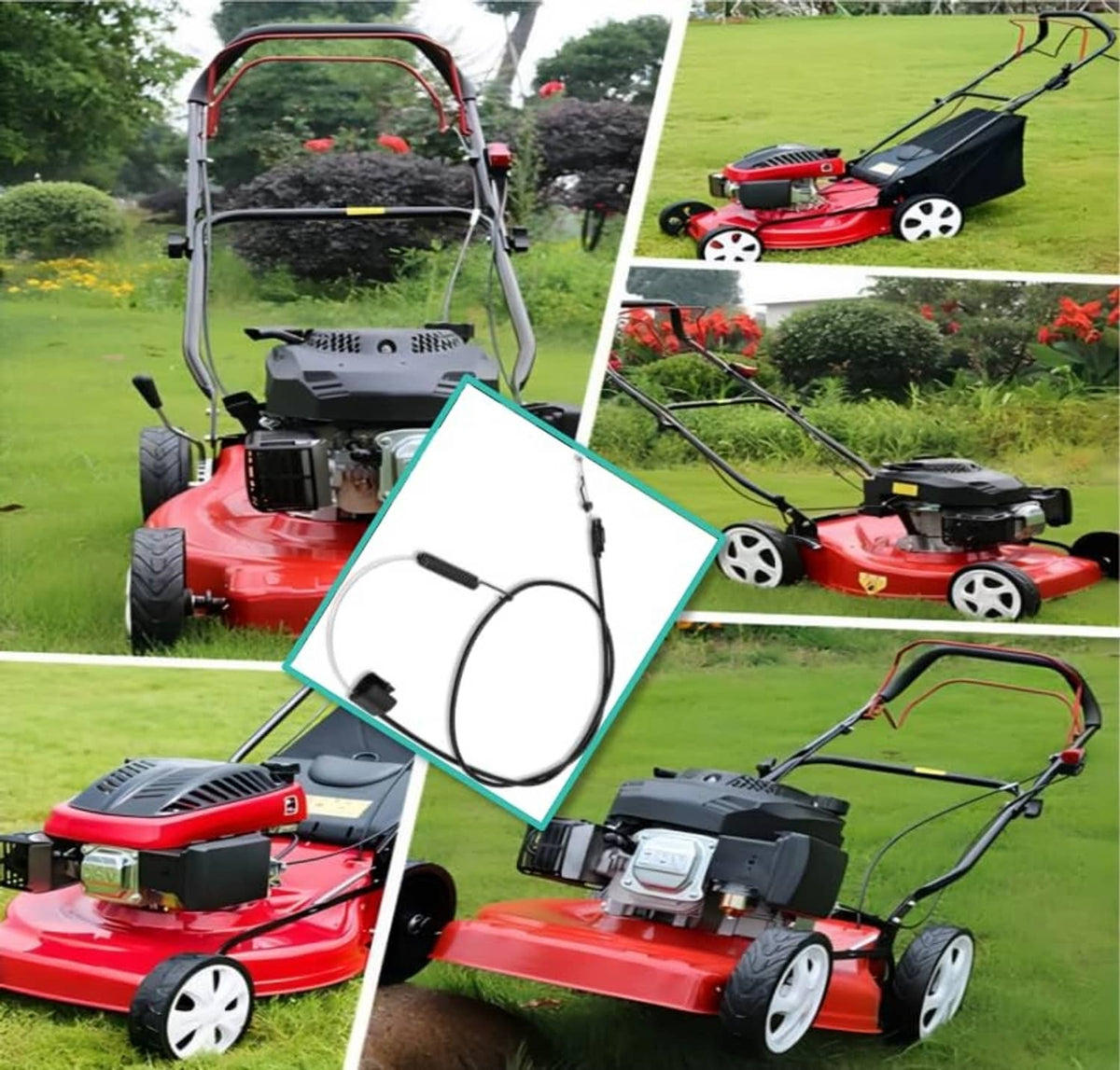 Black self-propelled mower drive cable shown with lawn mower