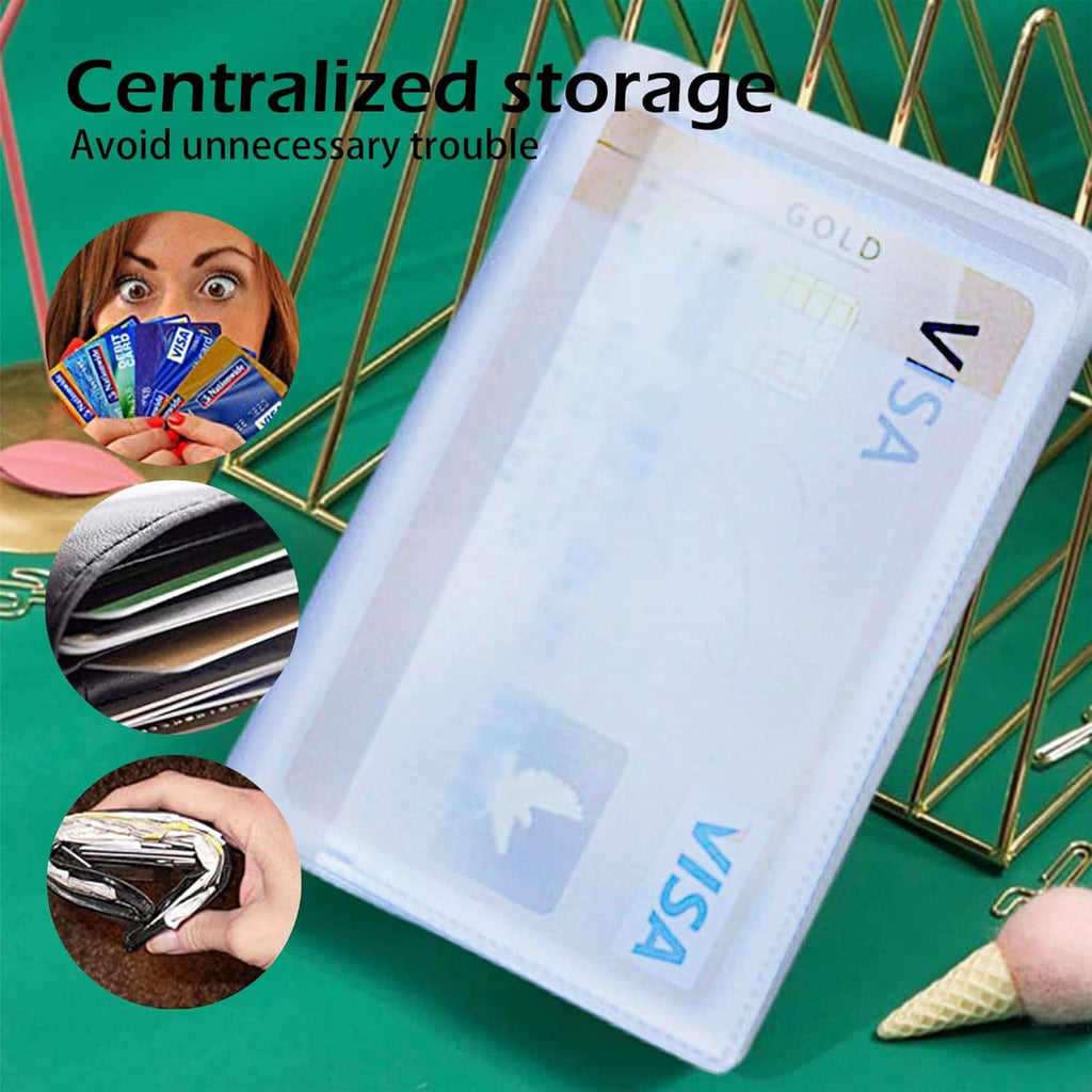 Light blue transparent card holder wallet insert, angled view with credit card slots