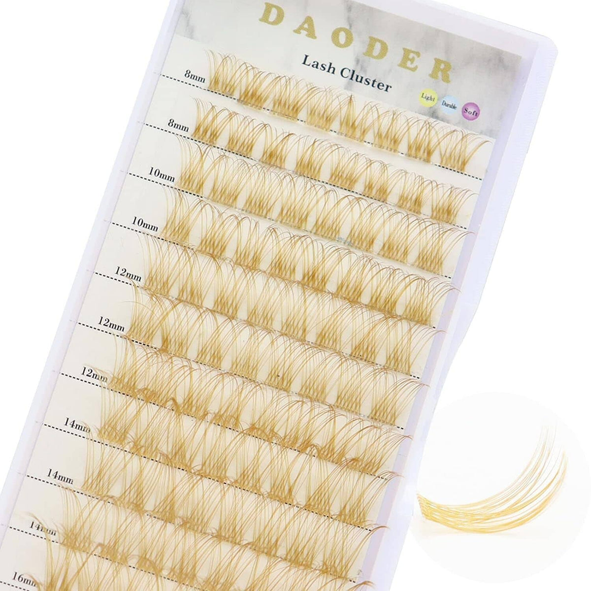 Gold-brown D-curl false lash clusters on clear tray, mixed lengths and clear bases