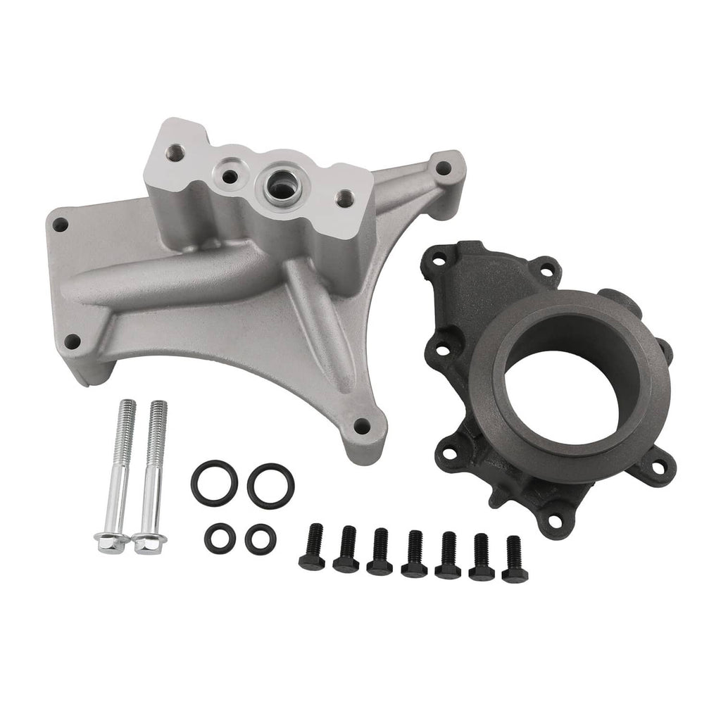 Turbo pedestal and exhaust housing kit with mounting bolts and seals, silver and black