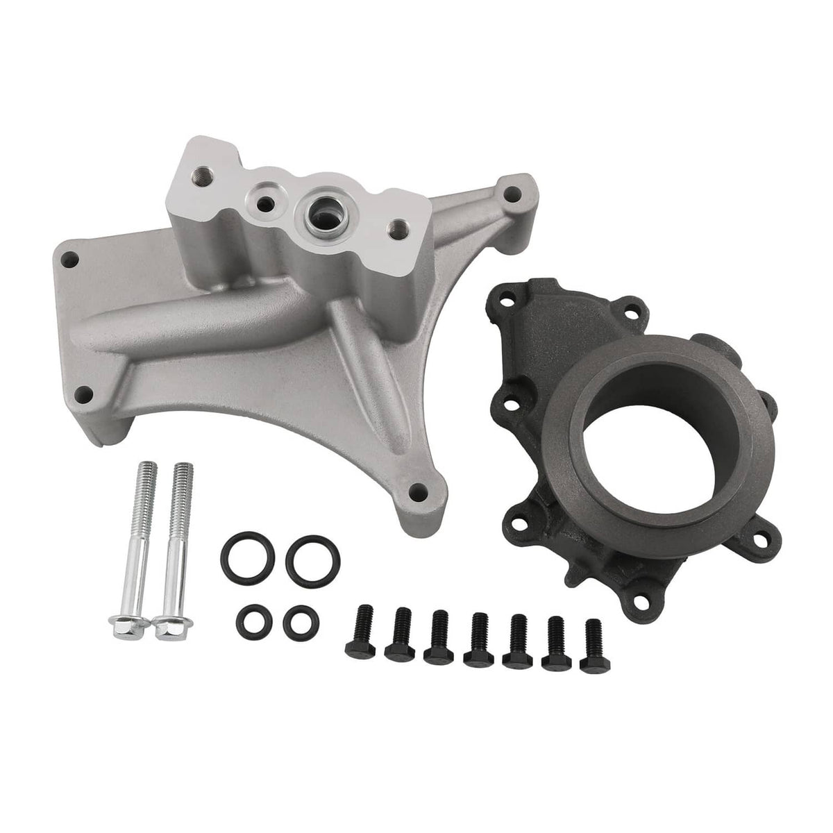 Turbo pedestal and exhaust housing kit with mounting bolts and seals, silver and black