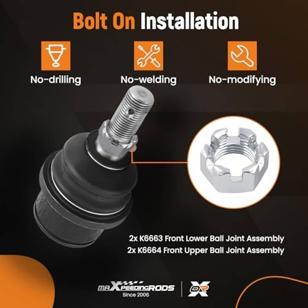 Ball joint kit with bolt-on installation, included hardware, and assembly instructions