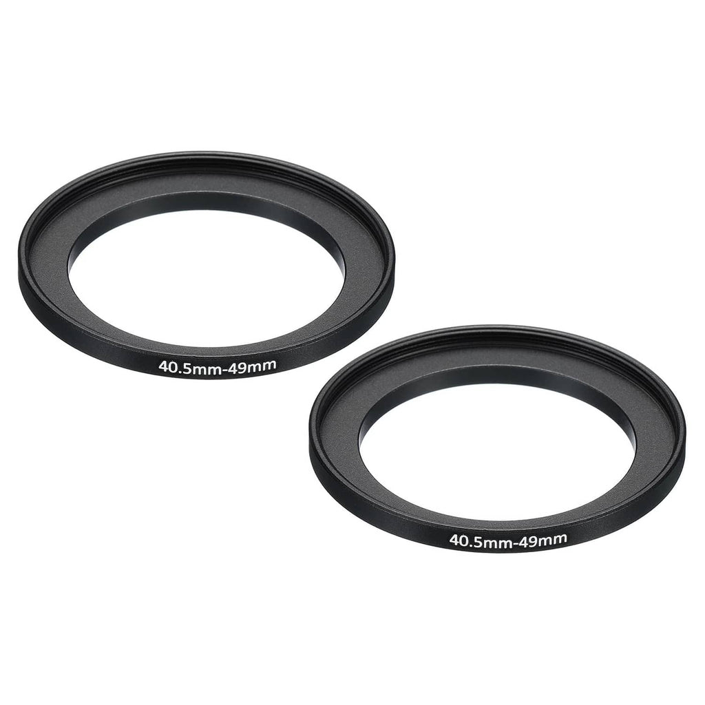 Black metal step-up ring, 40.5mm to 49mm, 2-pack, two threaded adapter rings