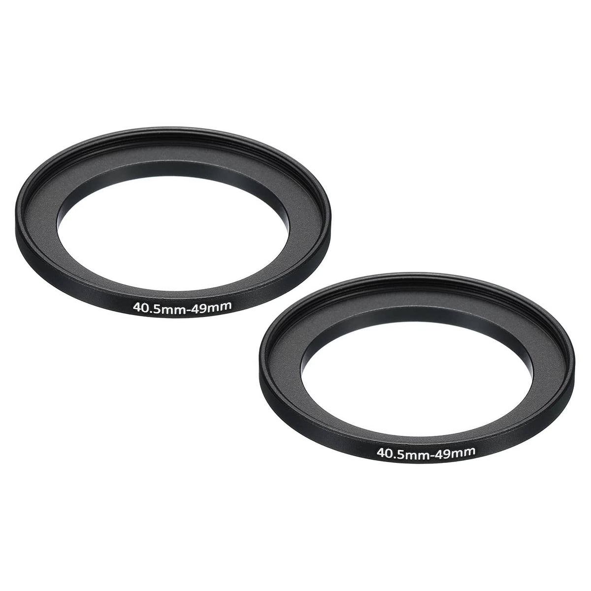 Black metal step-up ring, 40.5mm to 49mm, 2-pack, two threaded adapter rings