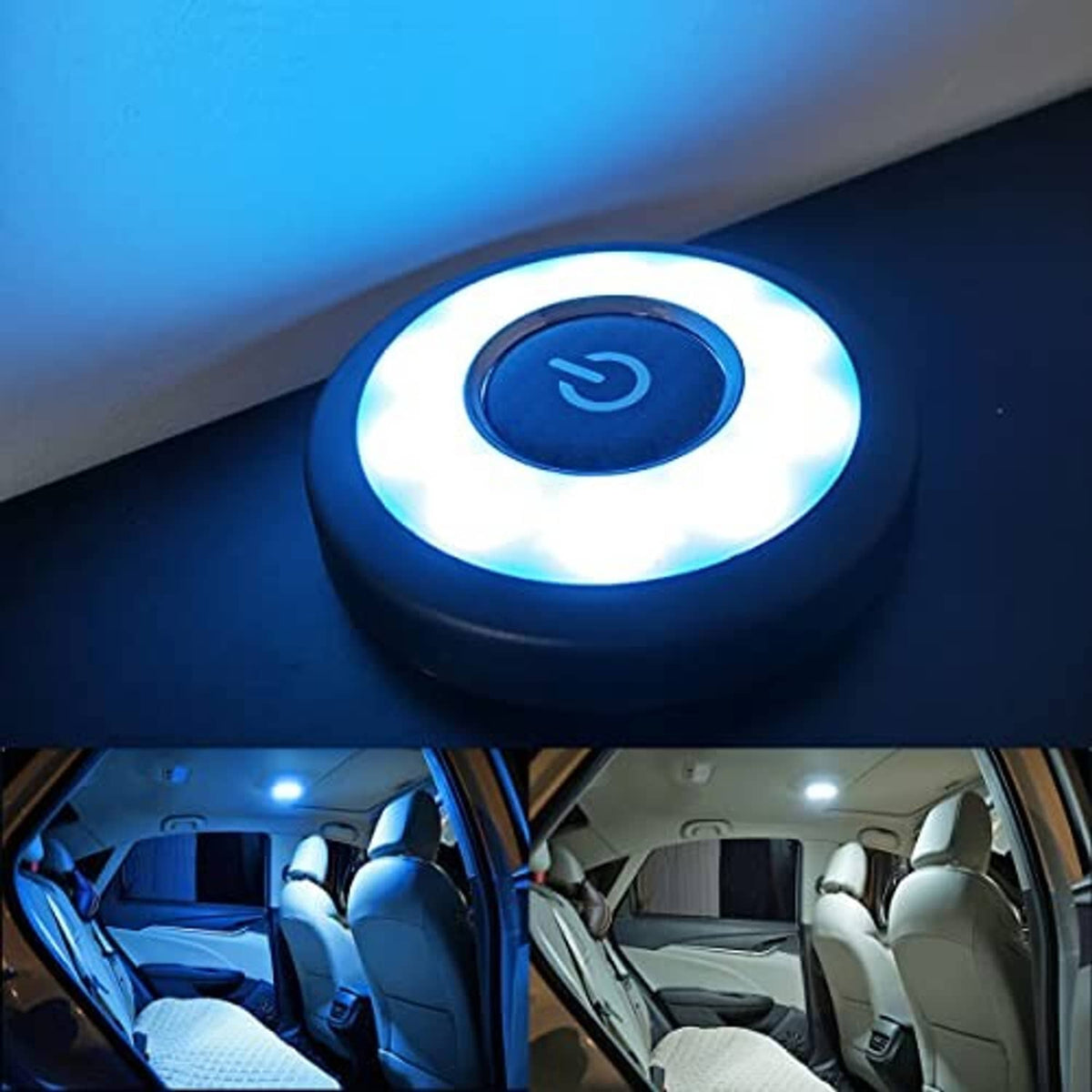 USB rechargeable LED ceiling light installed under car roof with blue and white glow