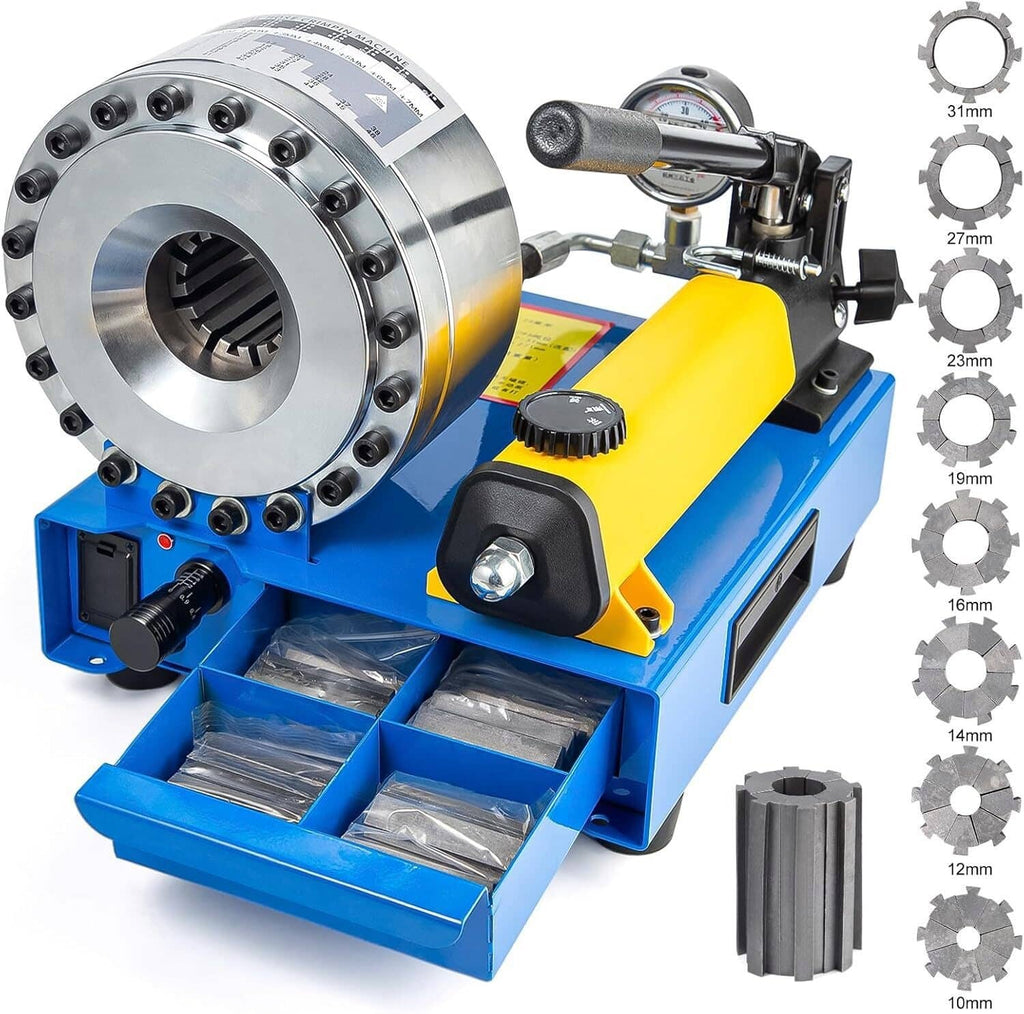 Hydraulic hose crimper machine with blue base, yellow handle, and steel die head