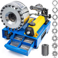 Hydraulic hose crimper machine with blue base, yellow handle, and steel die head