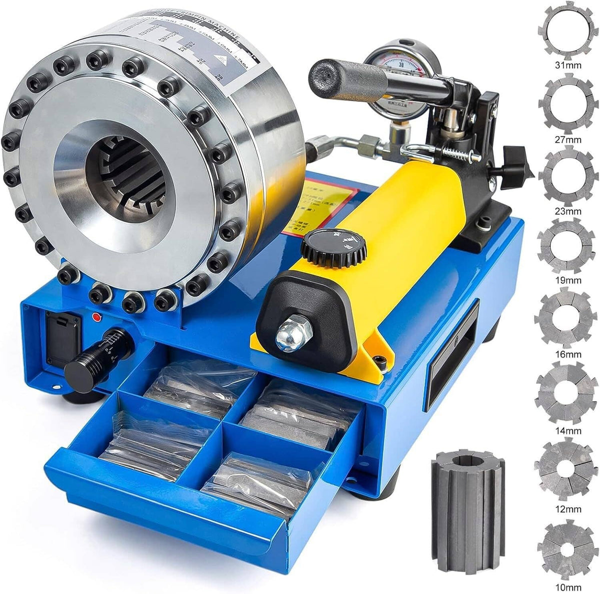 Hydraulic hose crimper machine with blue base, yellow handle, and steel die head